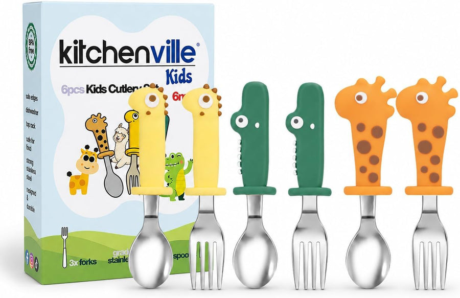 Kitchenville™ Kids Cutlery Set — 6-Piece Stainless Steel (3 Forks + 3 Spoons)